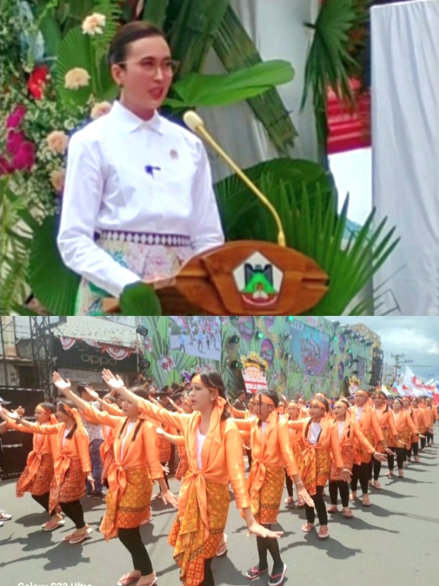 (Atas) Menparekraf Widyanti P. Wardhana saat memberikan sambutan pembukaan TIFF 2025, (Bawah), Tumpukan tari budaya, (Foto/